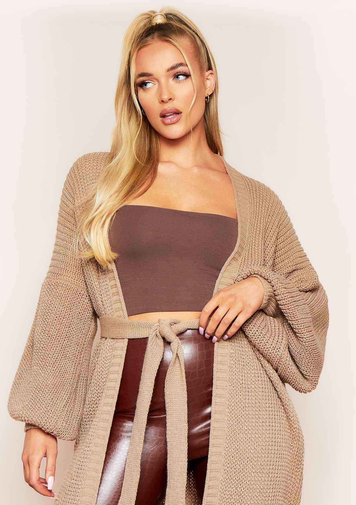 Marley Mocha Belted Balloon Sleeve Knitted Cardigan sold by Missy Empire product image thumbnail 2
