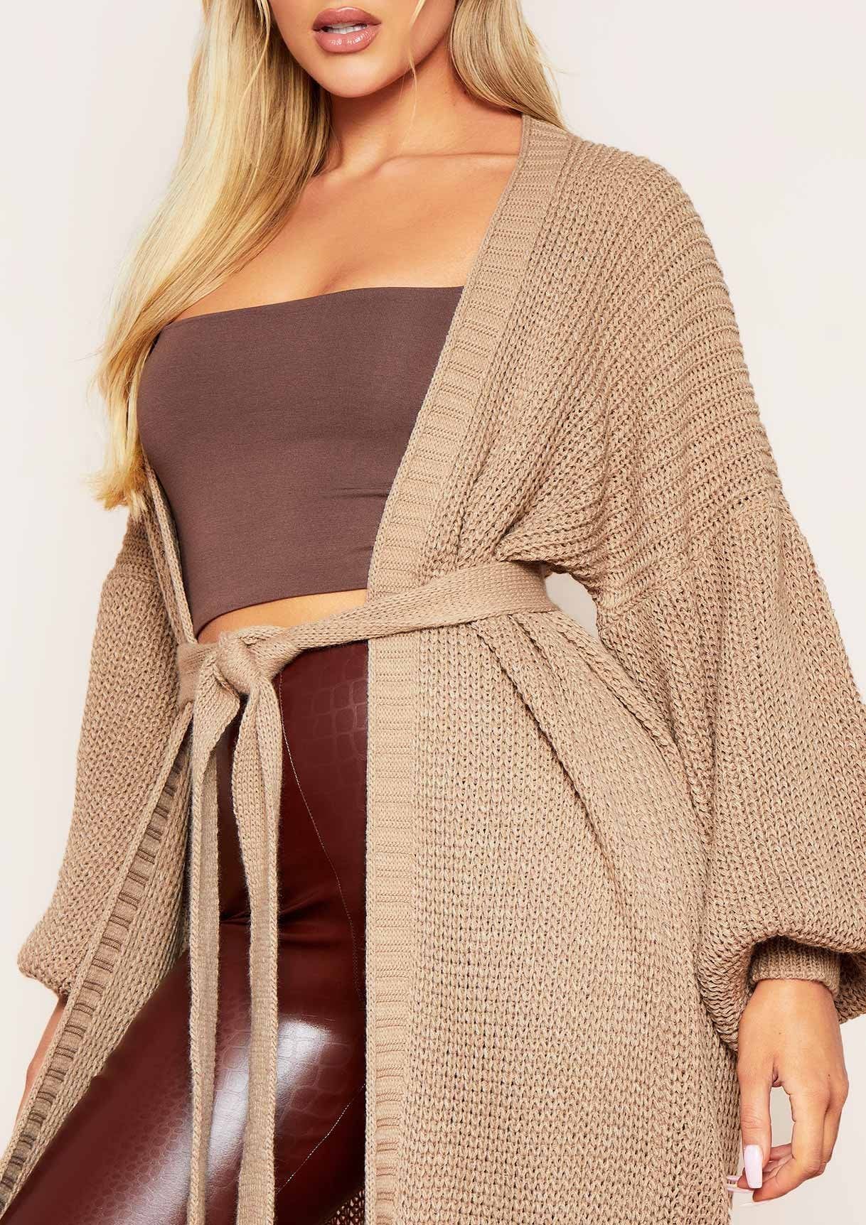 Marley Mocha Belted Balloon Sleeve Knitted Cardigan sold by Missy Empire product image thumbnail 3