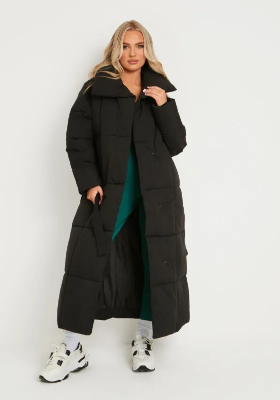 Zara Black Longline Tie Waist Puffer Coat made by Missy Empire