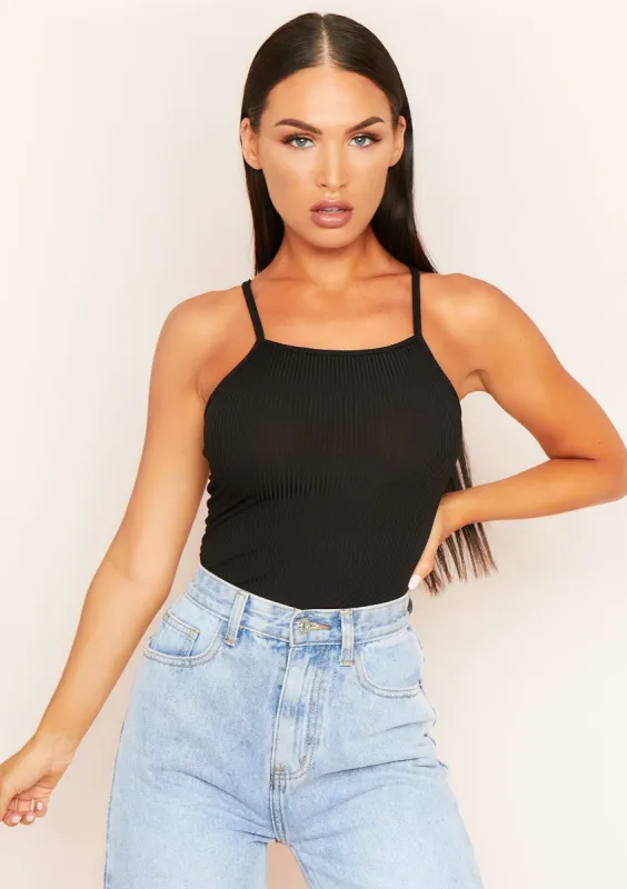 Sofia Black Ribbed Strappy Square Neck Bodysuit sold by Missy Empire