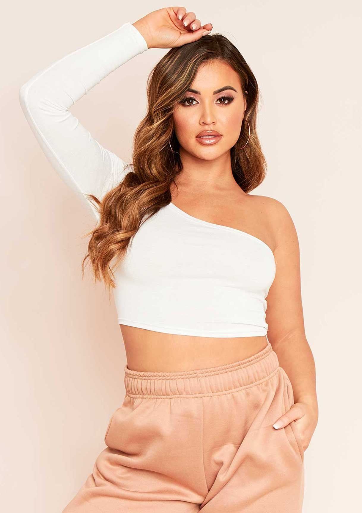 Siara White One Shoulder Long Sleeve Crop Top sold by Missy Empire