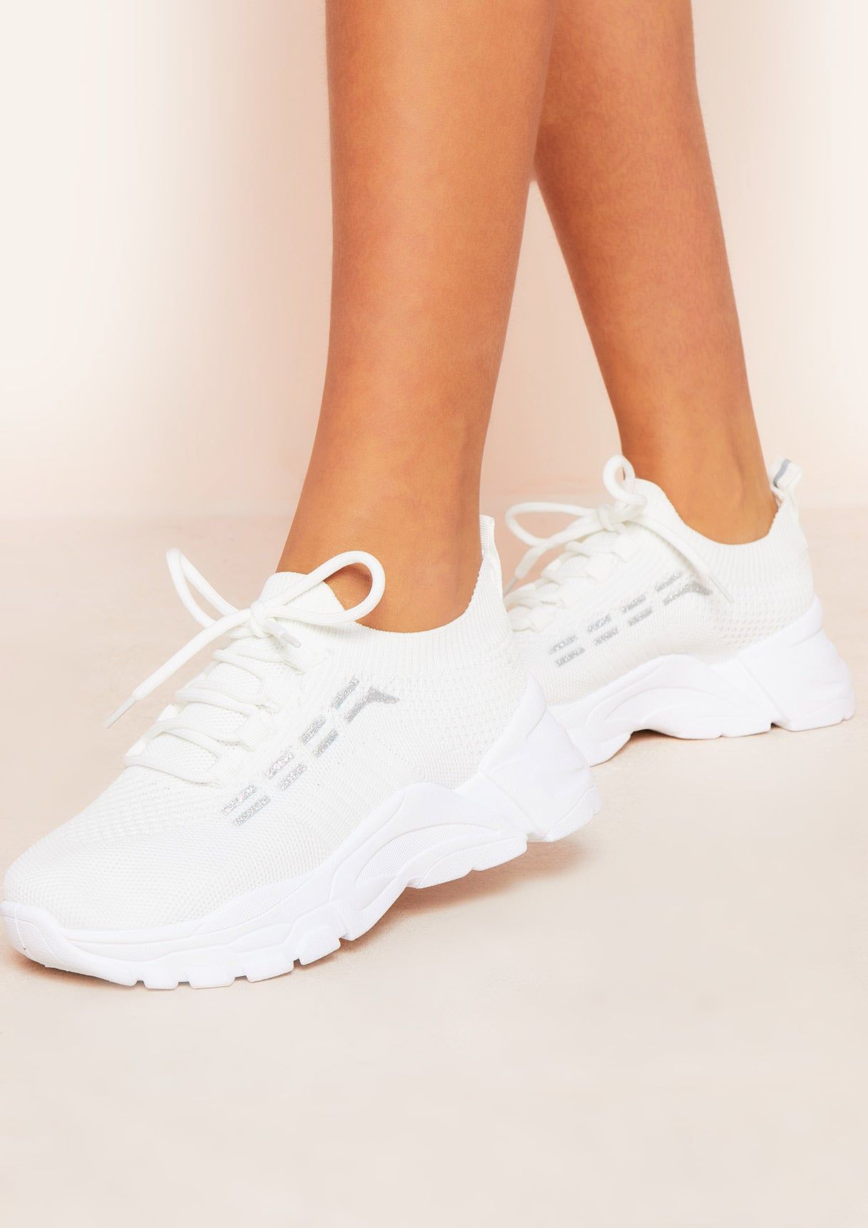 Calida White Knitted Glitter Chunky Platform Trainers sold by Missy Empire
