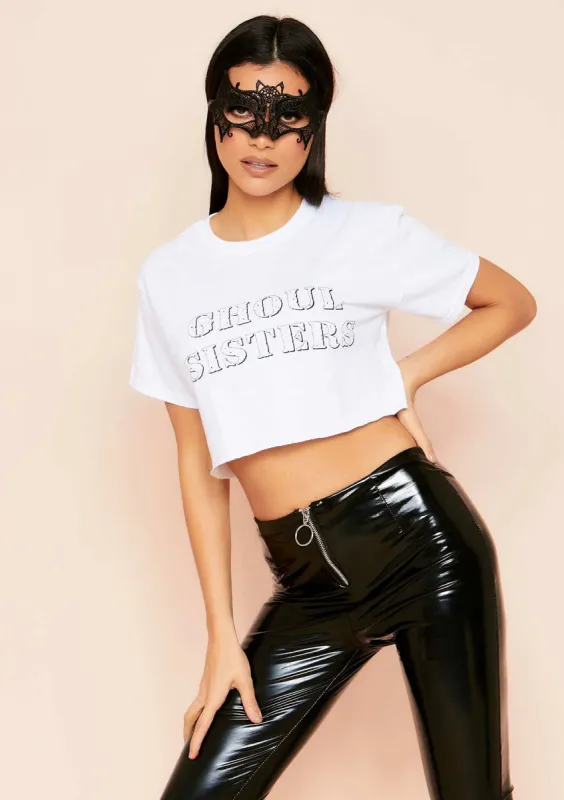 Nicholina White Ghoul Sisters Slogan Cropped Oversized T-Shirt made by Missy Empire