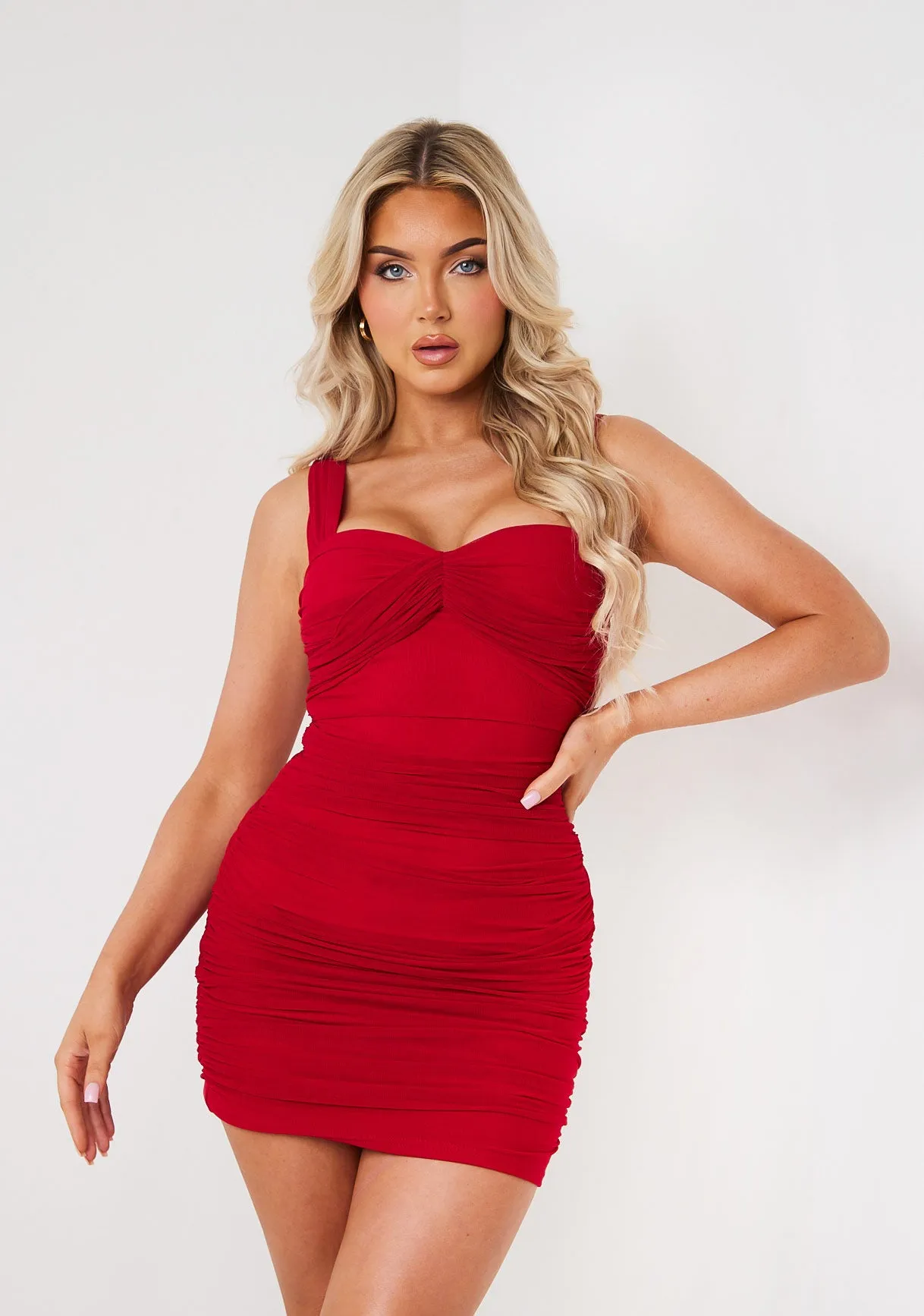 Maisie Red Mesh Ruched Bodycon Dress sold by Missy Empire
