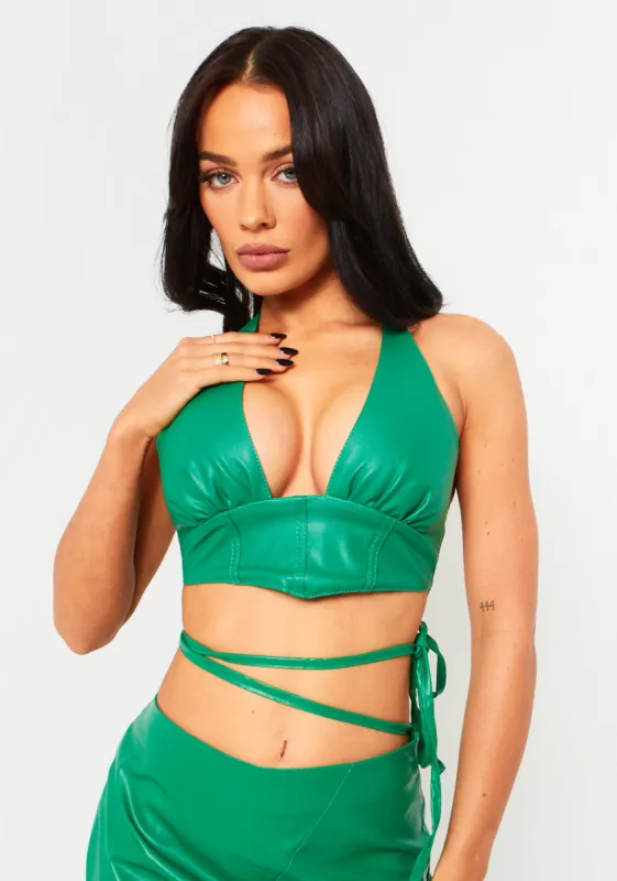 Romy Green PU Cropped Corset Halterneck Top sold by Missy Empire