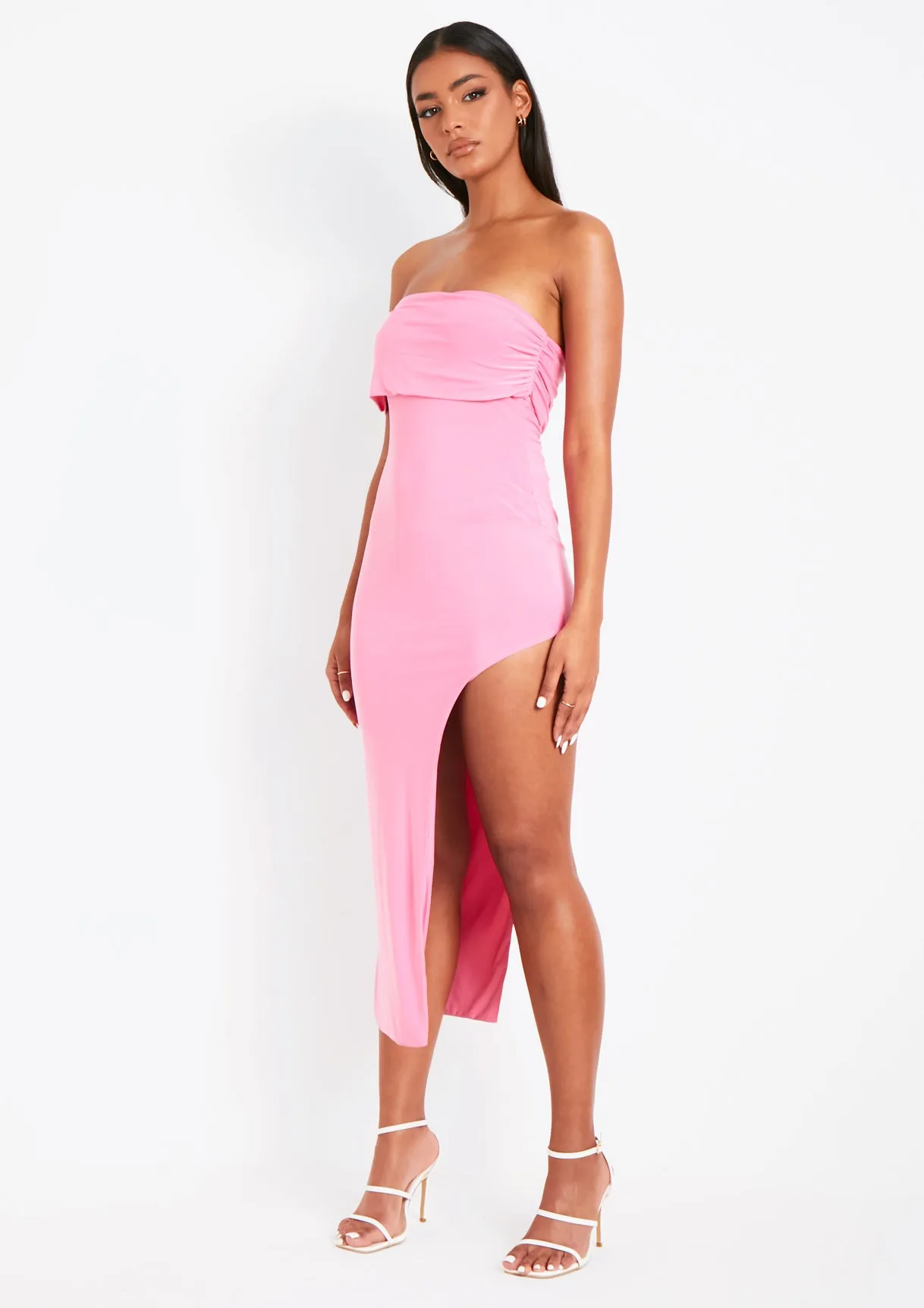 Milana Pink Bardot One Shoulder Midi Dress With Slit sold by Missy Empire product image thumbnail 4