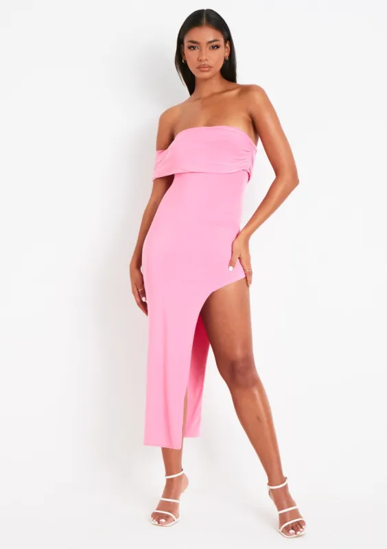 Milana Pink Bardot One Shoulder Midi Dress With Slit sold by Missy Empire