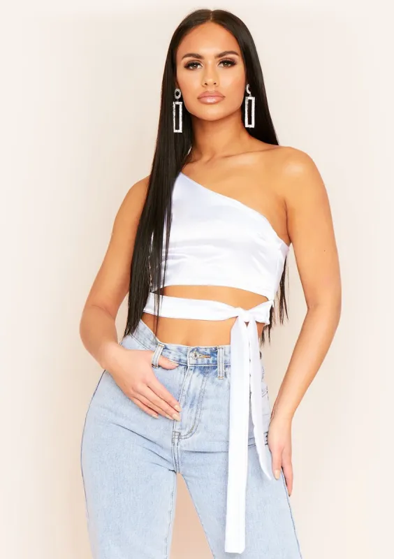 Ovidia White One Shoulder Satin Crop Top sold by Missy Empire