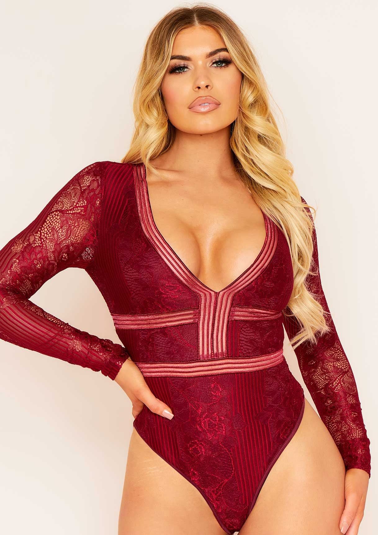 Ellie Wine Floral Lace Plunge Neck Bodysuit sold by Missy Empire