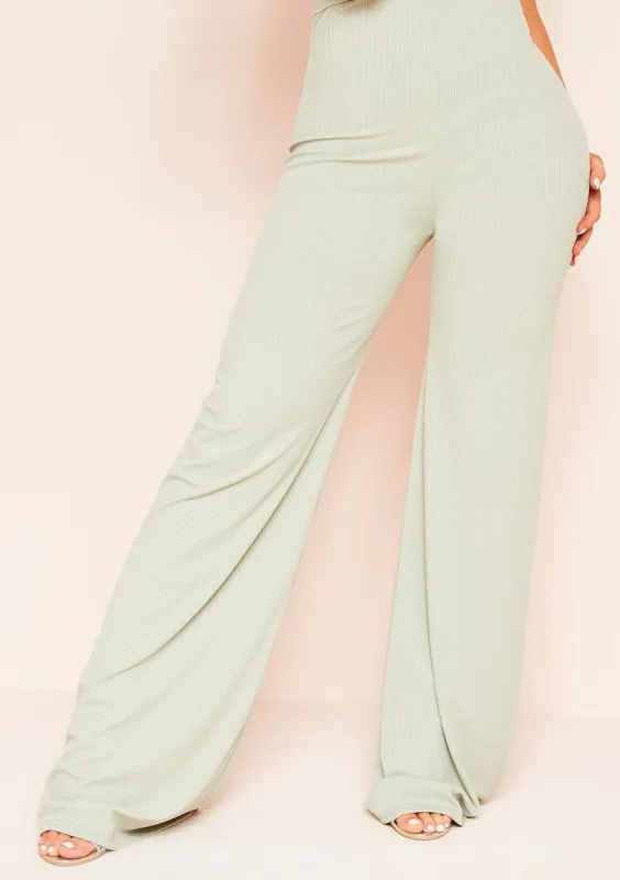 Harper Sage Ribbed Wide Leg Trousers sold by Missy Empire