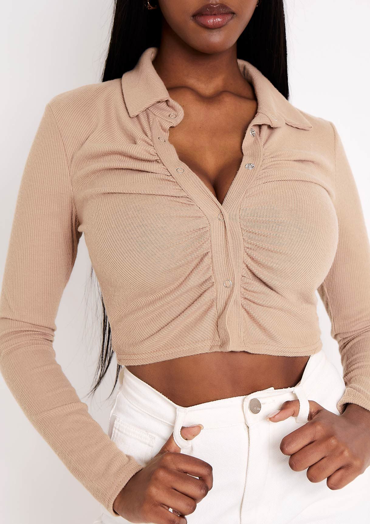 Valeria Beige Brushed Rib Ruched Detail Crop Top sold by Missy Empire product image thumbnail 3