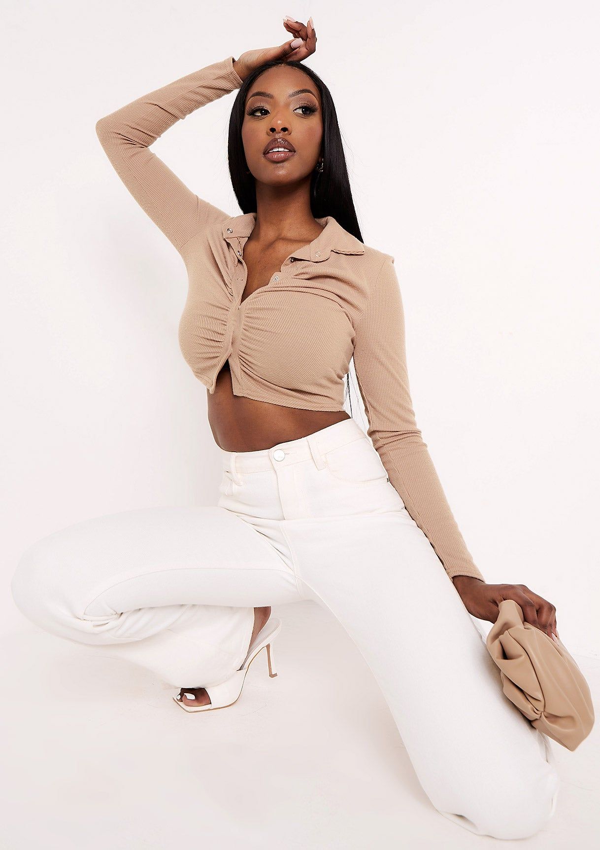 Valeria Beige Brushed Rib Ruched Detail Crop Top sold by Missy Empire product image thumbnail 4
