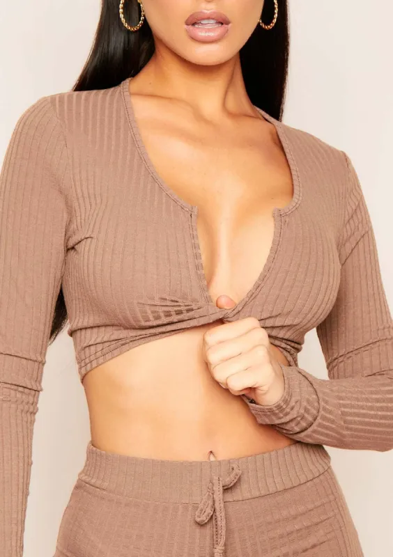 Ciera Mocha Mix & Match Ribbed Twist Front Crop Top sold by Missy Empire