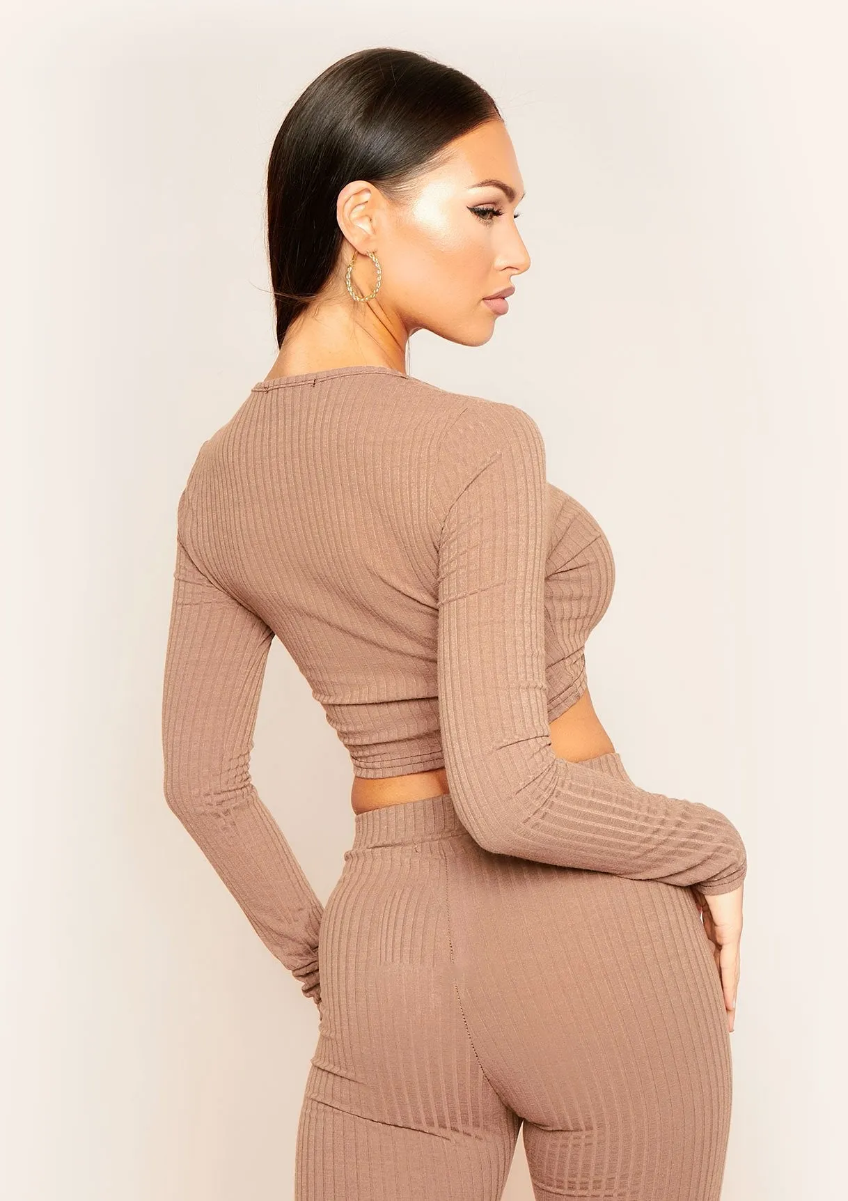 Ciera Mocha Mix & Match Ribbed Twist Front Crop Top sold by Missy Empire product image thumbnail 3