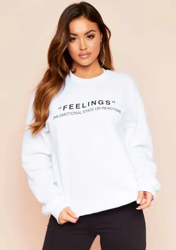 Sharni White "Feelings" Quote Slogan Oversized Sweatshirt sold by Missy Empire