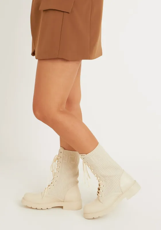 Kimi Beige Lace Up Knitted Chunky Sole Boots made by Missy Empire