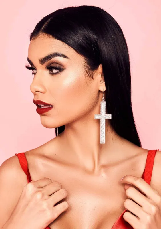 Akila Silver Cross Diamante Earrings made by Missy Empire