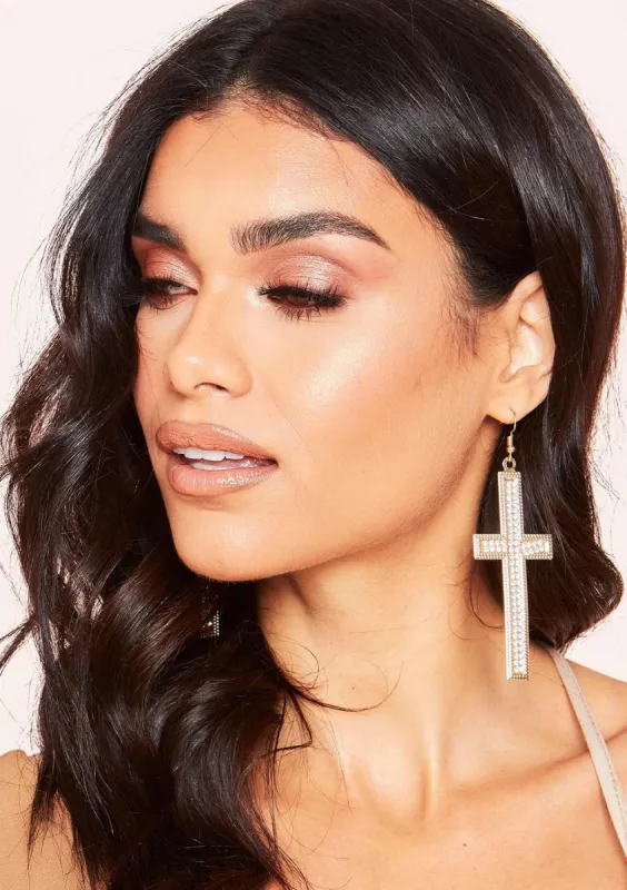 Akila Gold Cross Diamante Earrings sold by Missy Empire