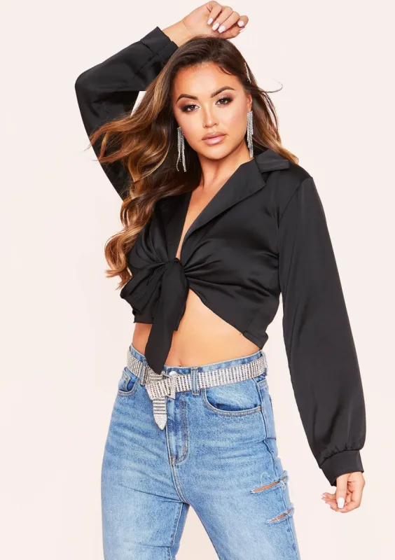 Marley Black Satin Tie Front Crop Top sold by Missy Empire