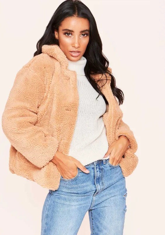 Kaylin Tan Teddy Borg Button Up Coat sold by Missy Empire