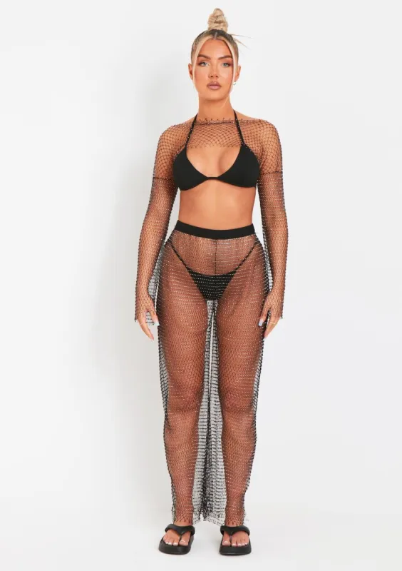 Lashan Black Diamante Net Wide Leg Trousers sold by Missy Empire