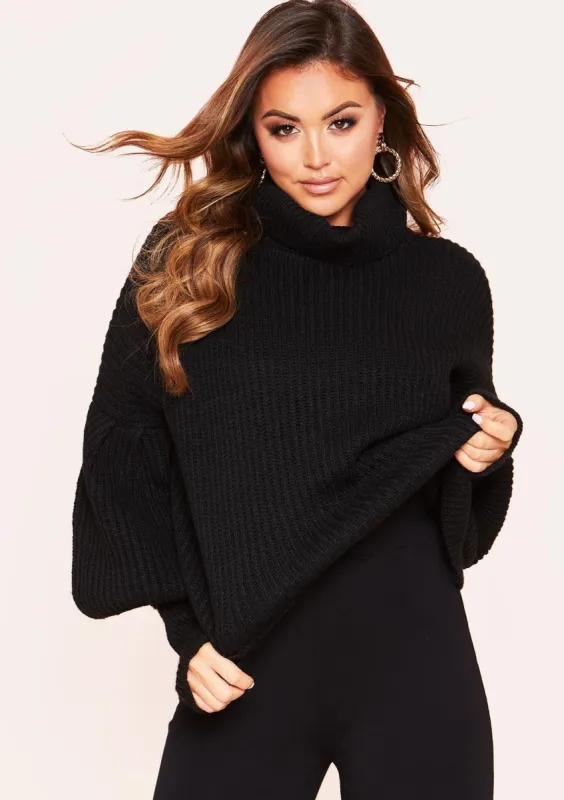 Aiyana Black Balloon Sleeve Roll Neck Cropped Jumper sold by Missy Empire