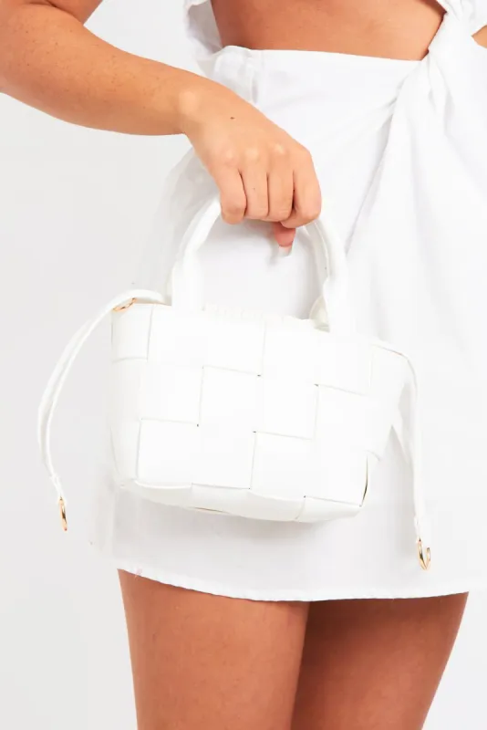 Jessica White Woven Bucket Handbag sold by Missy Empire
