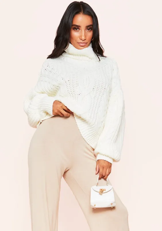 Hana Cream Cable Knit Roll Neck Jumper sold by Missy Empire
