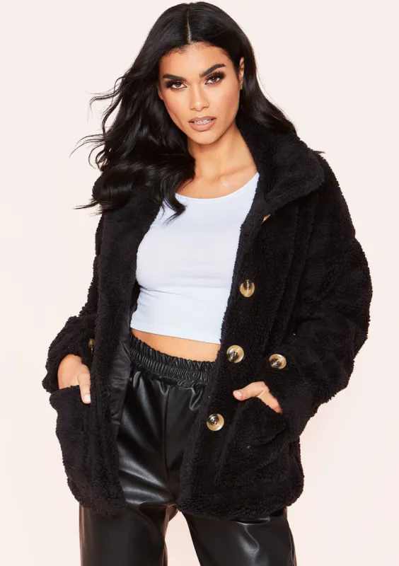 Ellis Black Teddy Borg Button Up Coat sold by Missy Empire