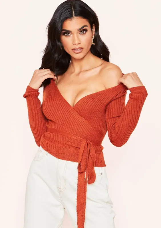 Kai Rust Plunge Wrap Knitted Top sold by Missy Empire