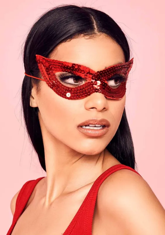 Cadence Red Sequin Masquerade Eye Mask sold by Missy Empire