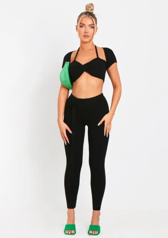 Anna Black Twist Front Cap Sleeve Knit Crop Top made by Missy Empire