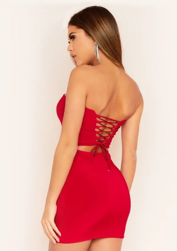 Amelie Red Lace Up Back Bandeau Mini Dress sold by Missy Empire