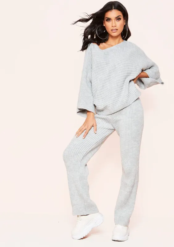 Everleigh Grey Ribbed Knit Co-Ord Set sold by Missy Empire