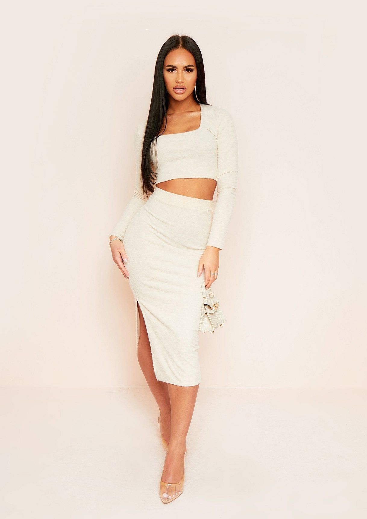 Tanzia Beige Brushed Split Side Midi Skirt sold by Missy Empire