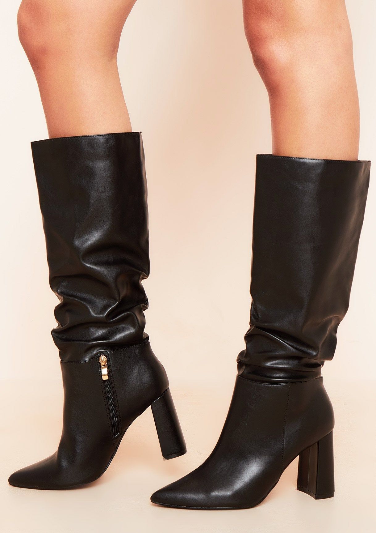 Claudia Black PU Ruched Knee High Boots sold by Missy Empire