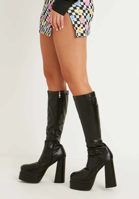 Sasha Black Platform Knee High Boots sold by Missy Empire