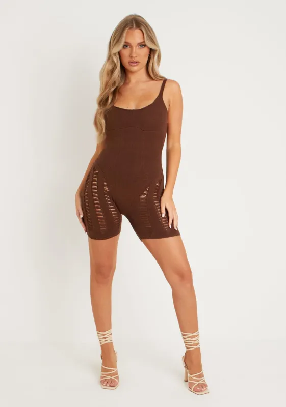 Adalynn Chocolate Laddered Knitted Unitard sold by Missy Empire