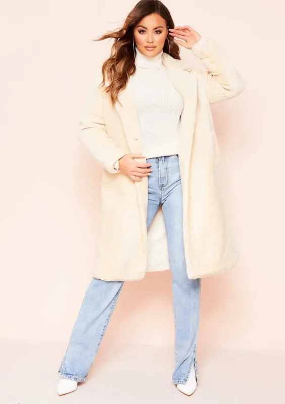 Remy Cream Faux Fur Midi Oversized Coat sold by Missy Empire