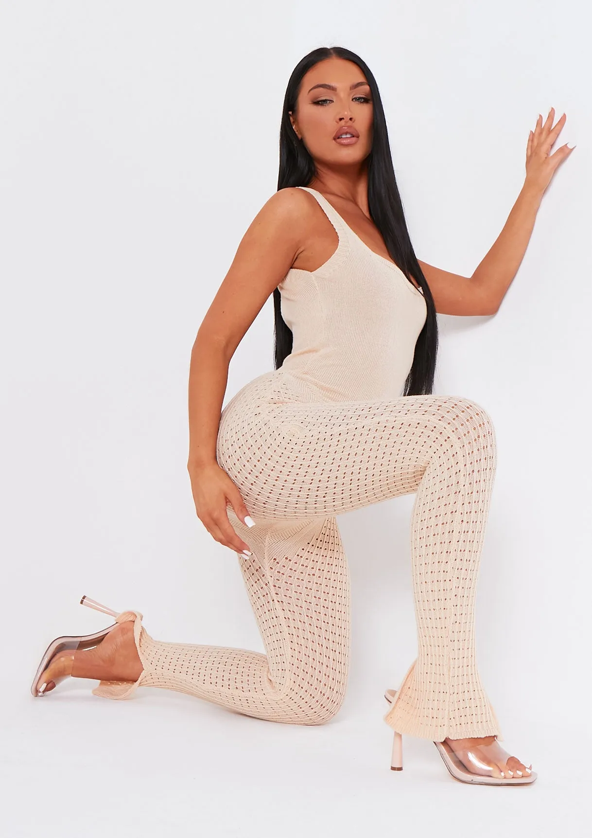 Ava Beige Knitted Open Back Jumpsuit sold by Missy Empire product image thumbnail 4