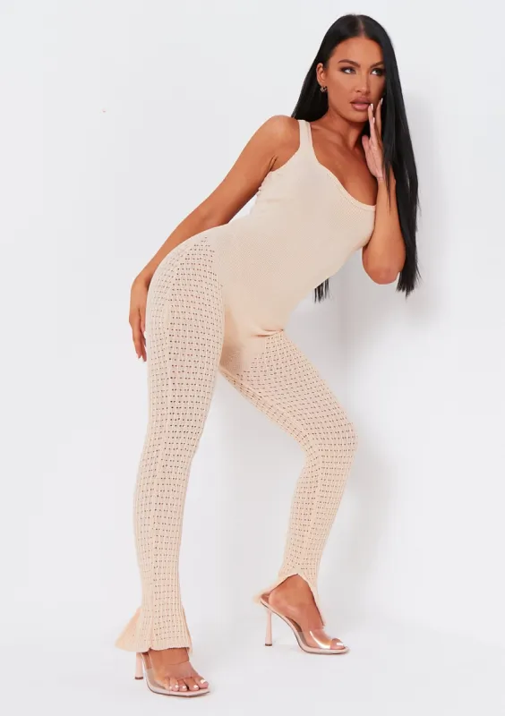 Ava Beige Knitted Open Back Jumpsuit sold by Missy Empire