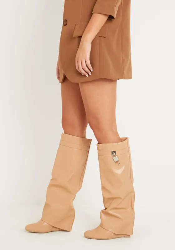 Kris Beige Buckle Detail Knee High Boots sold by Missy Empire