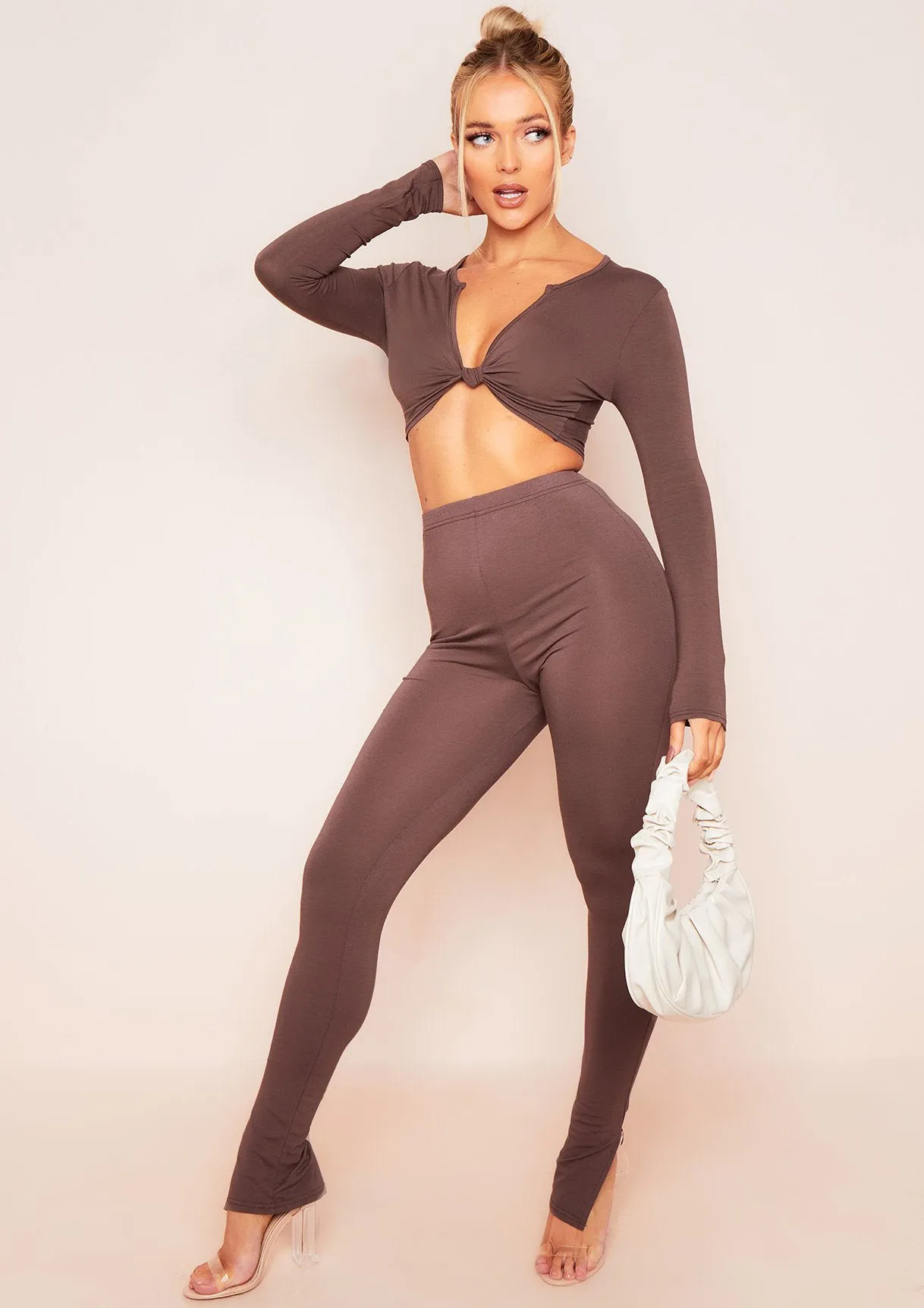 Lola Chocolate Split Hem Leggings sold by Missy Empire product image thumbnail 4