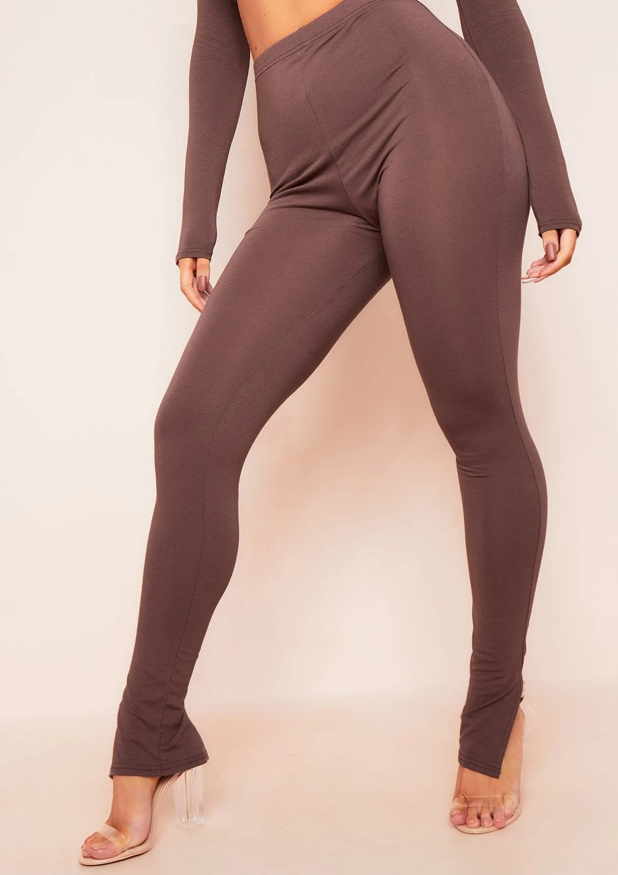 Lola Chocolate Split Hem Leggings sold by Missy Empire