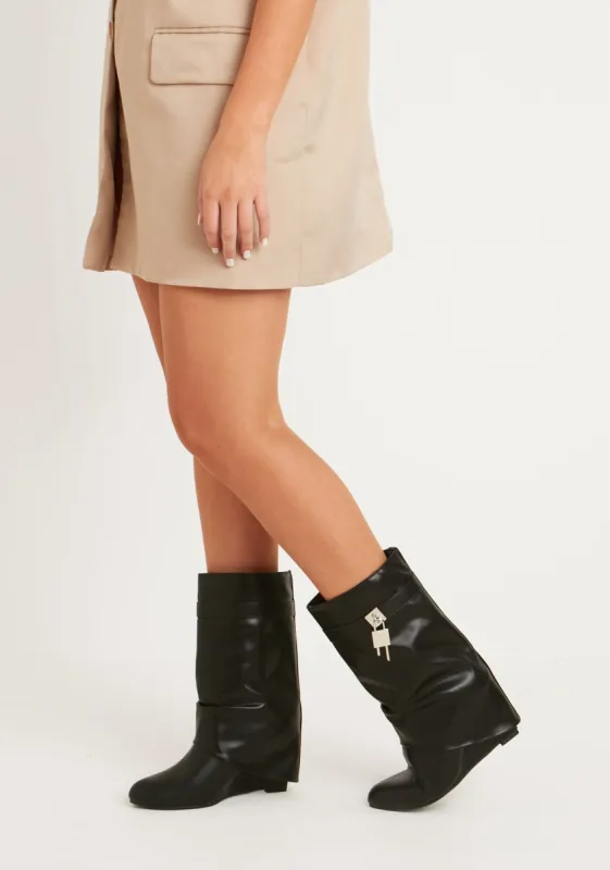 Kourtney Black Buckle Detail Calf Boots made by Missy Empire