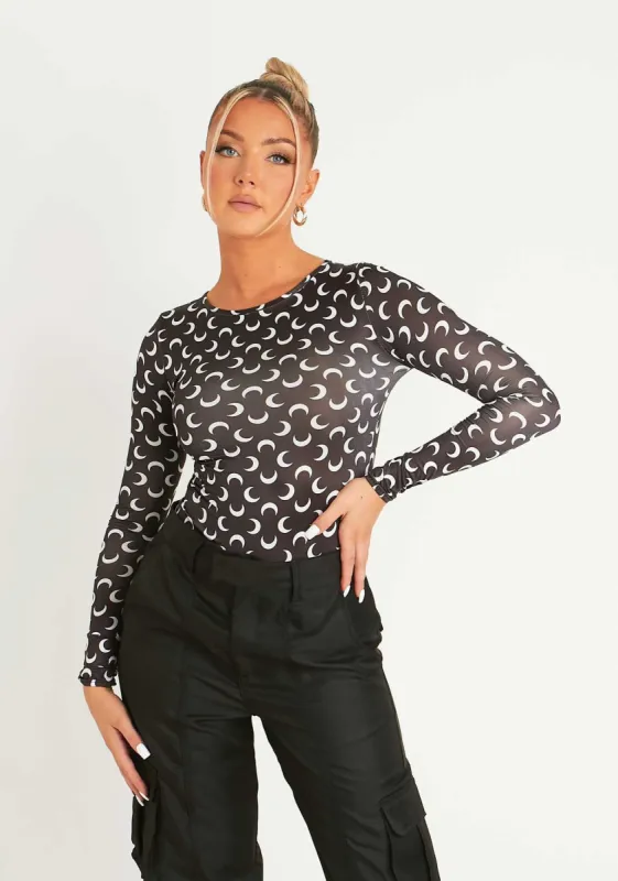 Caroline Black And White Moon Print Bodysuit made by Missy Empire