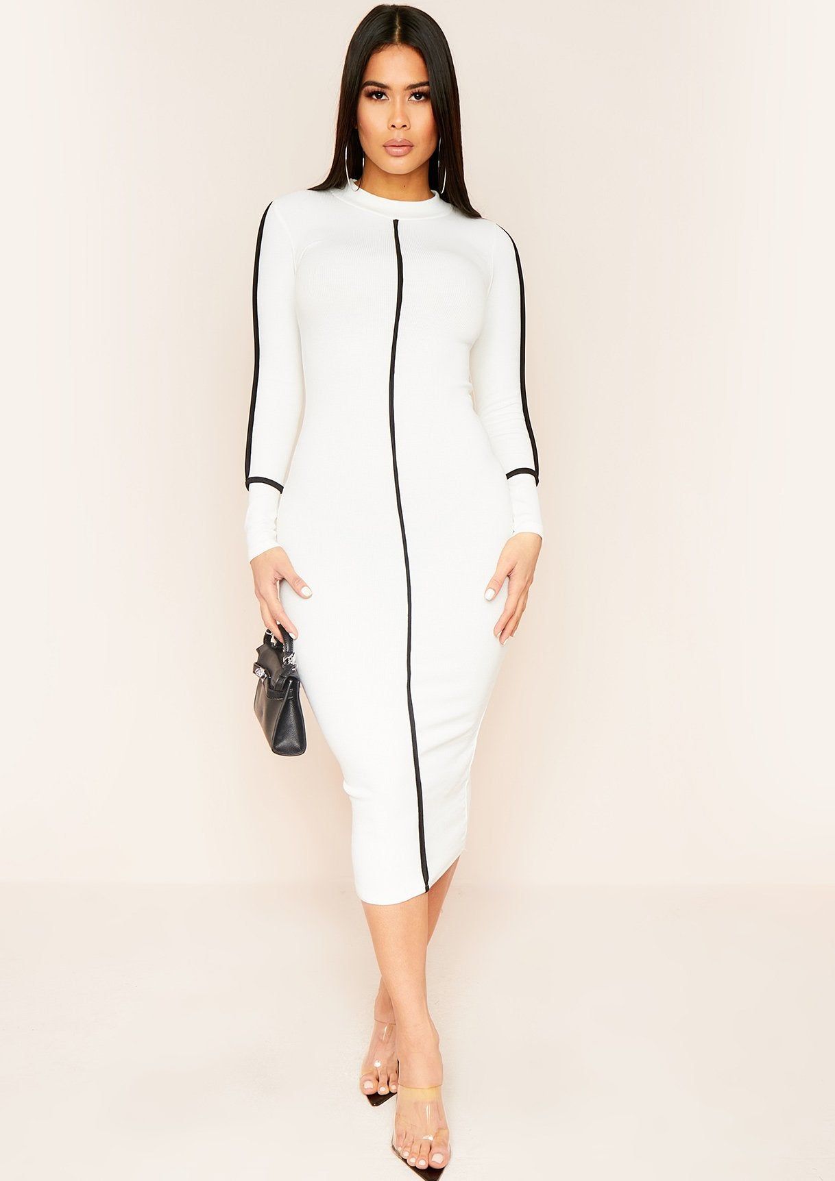 Thea White Black Stripe Ribbed Midi Dress sold by Missy Empire