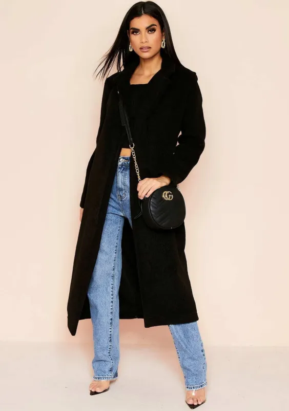 Avarel Black Longline Belted Wool Coat sold by Missy Empire