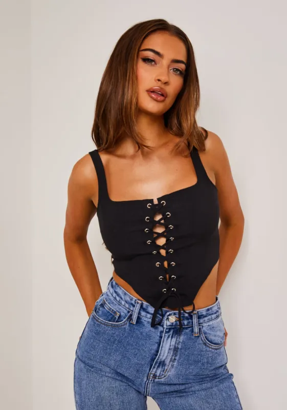Carlee Black Lace Up Corset Top sold by Missy Empire