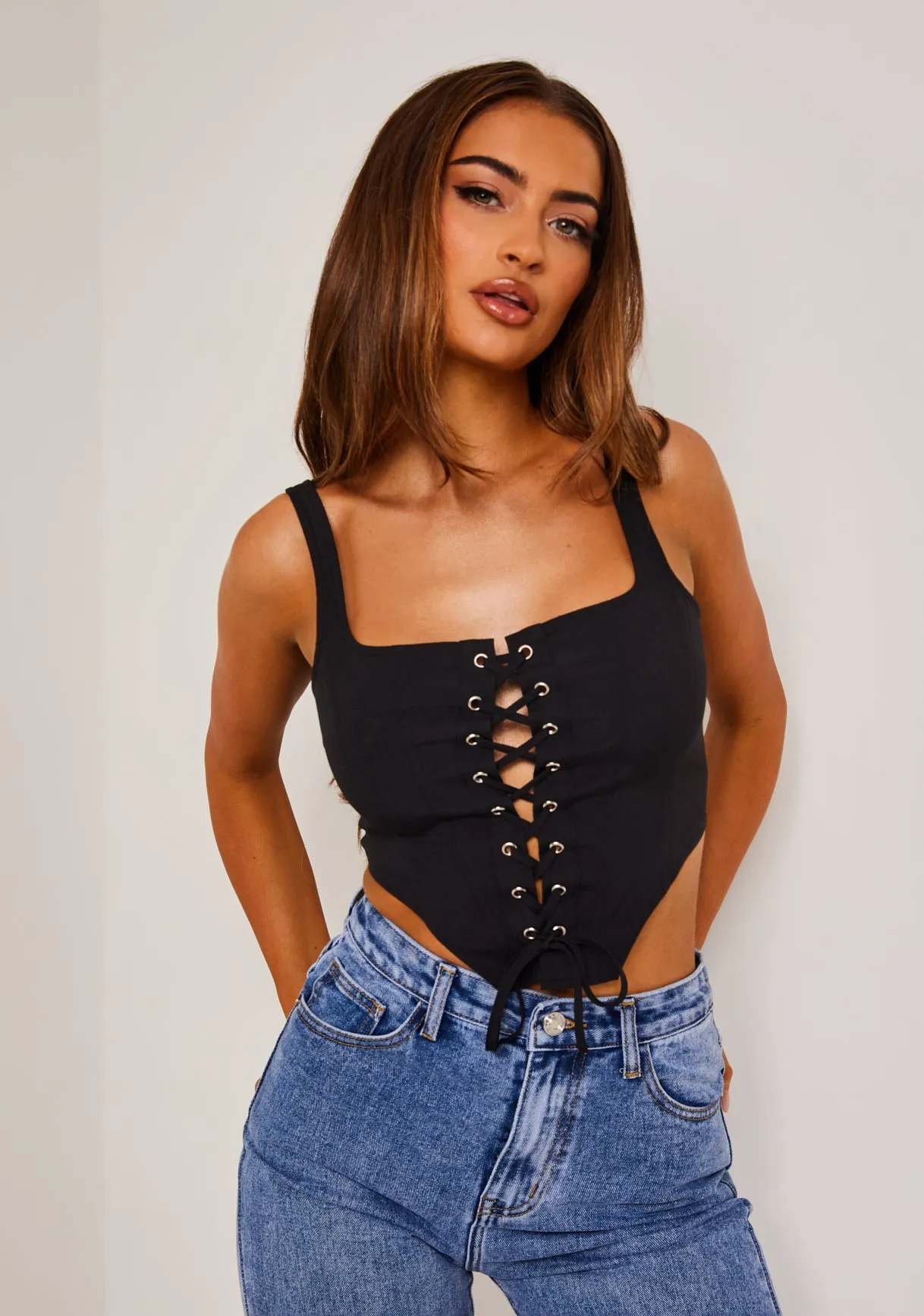 Carlee Black Lace Up Corset Top sold by Missy Empire